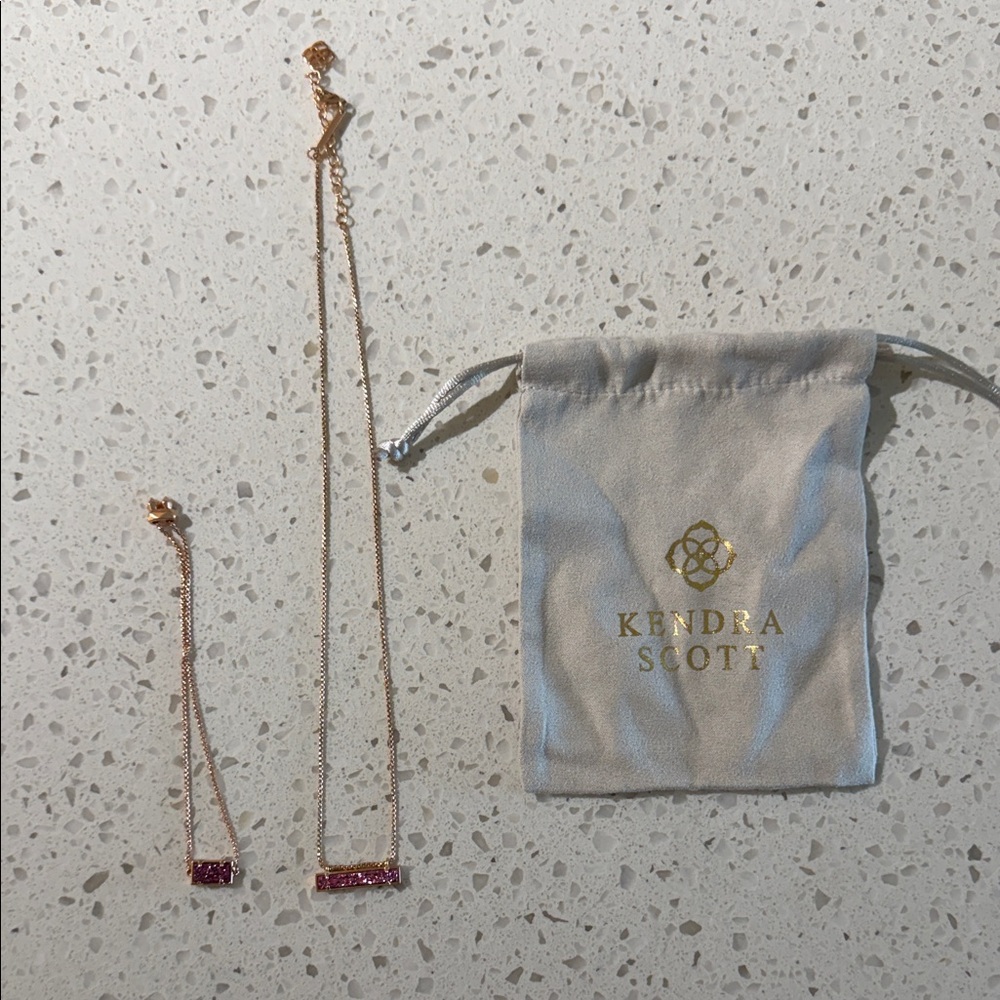Kendra Scott Rose Gold and Pink Druzy Necklace & Bracelet Matching Set